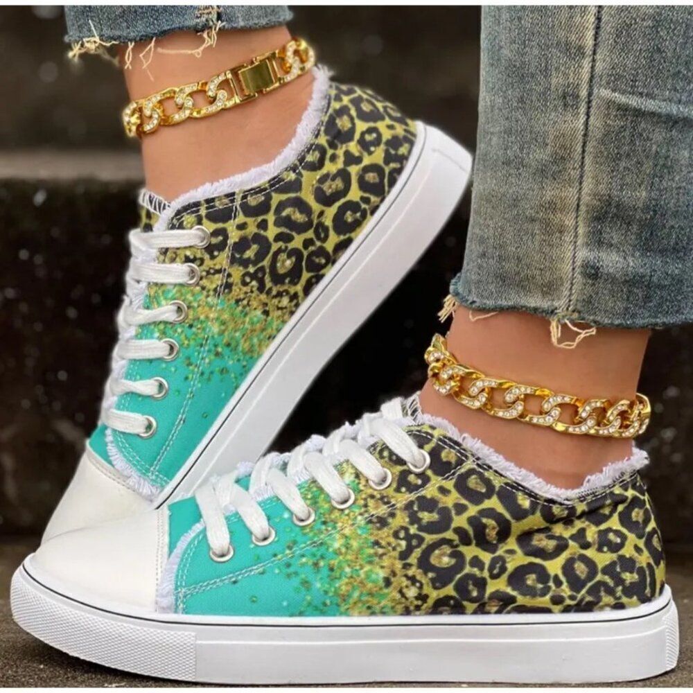 Women Leopard Print Canvas Casual Glitter Sequins Shoe size 41(10.5)